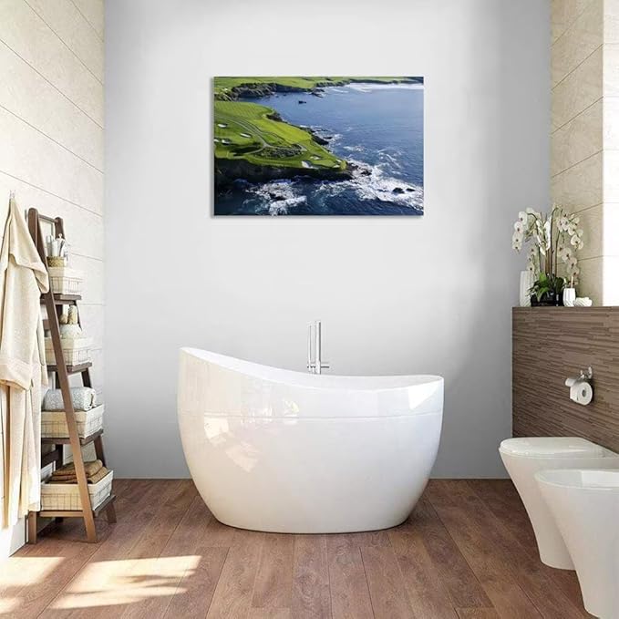 Pebble Beach Golf Course Canvas Wall Art for Living Room Bedroom Bathrooom Home Decorations California Coastal Golf Course Picture Poster Framed Artwork Ready to Hang(18''H x 24''W)