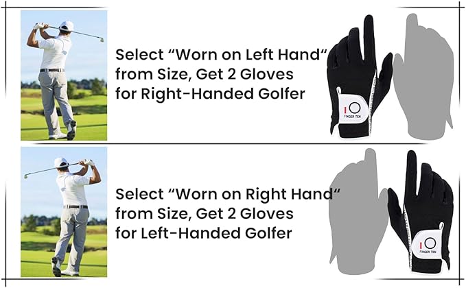 FINGER TEN Men's Golf Gloves for Right Left Handed Golfer Rain Grip Value 2 Pack, Golf Glove for Left or Right Hand Hot Wet Weather No Sweat Black Gray White Blue