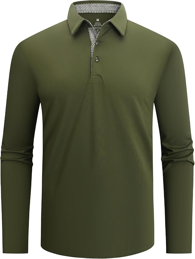 Alex Vando Mens Golf Shirt Moisture Wicking Quick-Dry Solid Long Sleeve Polo Shirts for Men