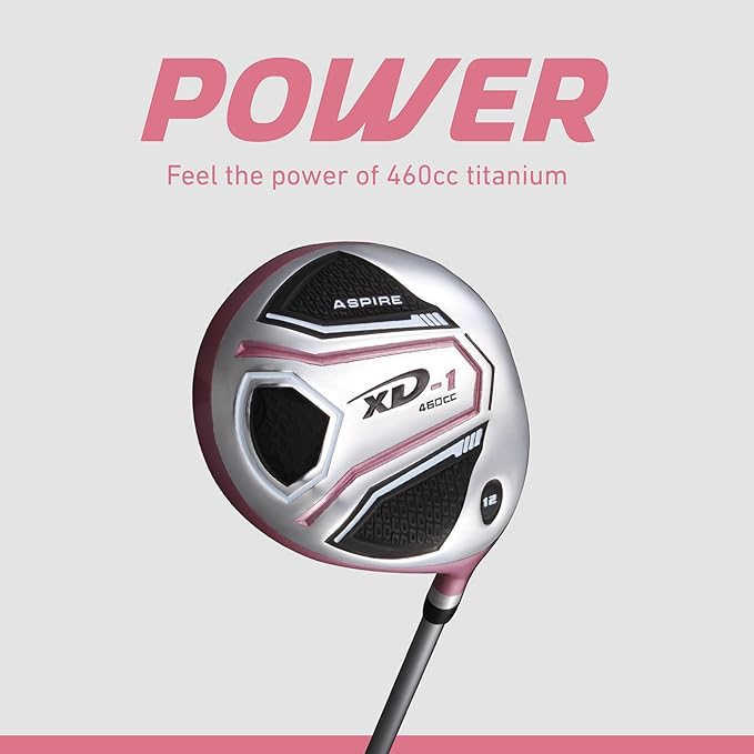 Aspire XD1 Womens Golf Clubs Full Set, Includes Driver, Fairway, Hybrid, 6-PW Irons, Putter, Stand Bag, 3 H/C's, Ultra-Light Graphite Shafts, Golf Clubs Women Right Handed, Comes in 3 Sizes, Pink