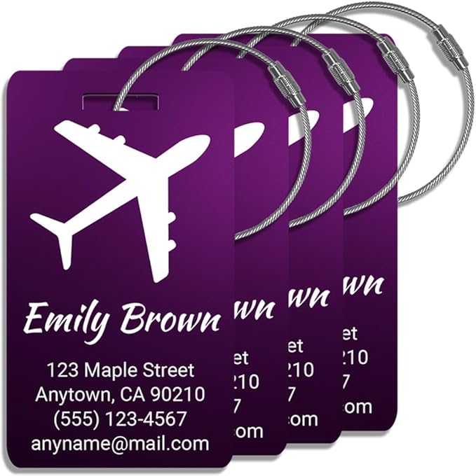 Personalized Luggage Tags for Suitcases 4 Pack – Custom Metal Name Tag for Travel, Golf Bag, and Baggage – Durable Aluminum Luggage Name Tags (Adventure Collection, Purple)
