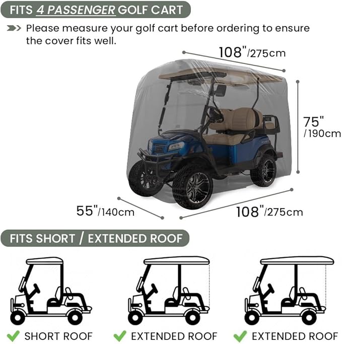 Golf Cart Cover 2/4/6 Passenger, Waterproof Golf Cart Rain Covers, Heavy-Duty All Weather Protection Cover for EZ GO Yamaha Club Car Enclosure Accessories