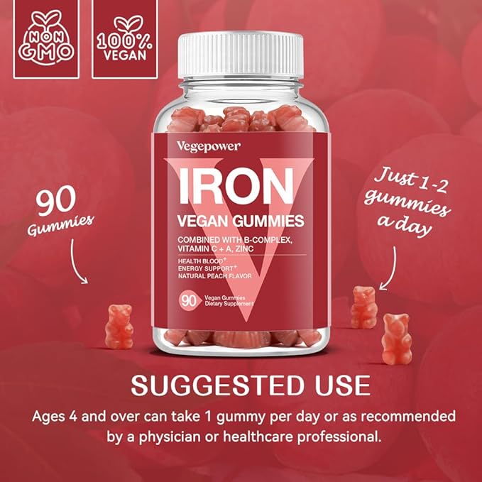 Vegan Iron Gummies Supplement - Multivitamin Supplement with Vitamin C, A, B & Zinc - Health Blood & Energy Support for Iron Deficiency, Anemia, No After Taste - Peach Flavor（2 Packs）