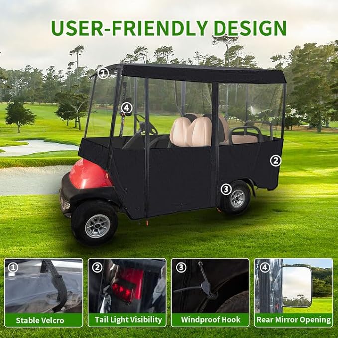 Tecoom Golf Cart Enclosure 2/4/6 Passenger, Golf Rain Cover 600D Waterproof Snowproof, Door Zippers, Clear Windows and Windproof Hooks, Universal Fit for EZGO, Yamaha, Club Car