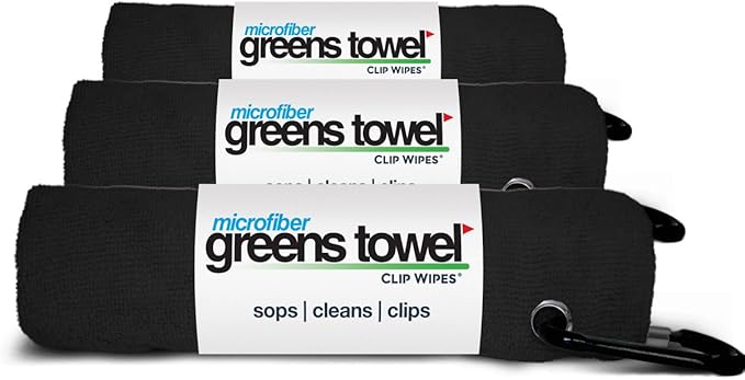 Black 3 Pack Golf Towel Set for Golf Bags with Clip, Plush Microfiber Nap Fabric, 16x16, The Original (Jet Black)