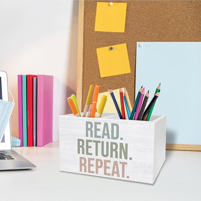 Boho Book Pen Holder for Desk, Book Lover Reader Librarian Gifts Pencil Organizer, Read Return Repeat Wooden Box Sign Desk Decor for Home Library Reading Room Classroom Decoration