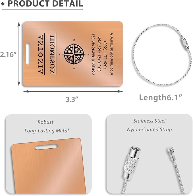 Custom Stainless Steel Luggage Tags (2 Pack) - Personalized Laser Engraved Luggage Tag, Waterproof Durable, for Bags, Backpack Travel, Suitcases (Rose Gold)