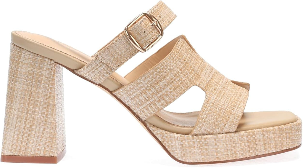Monrovia Womens Sandals Heels for Women Slide On Block Chunky Platform High Heels Open Toe Raffia Wedge Sandals