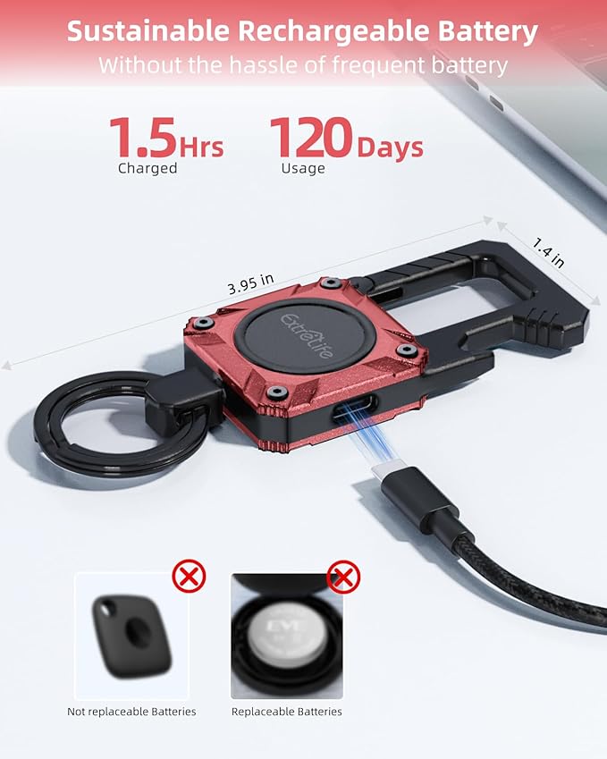Keychain, Works with Apple Find My, Heavy Duty Key Chain Bottle Opener, Carabiner Car Key Chains with GPS Tracker, Key Finder, Bluetooth Tracker for Luggage, Kids, Bags and More, Rechargeable, Red