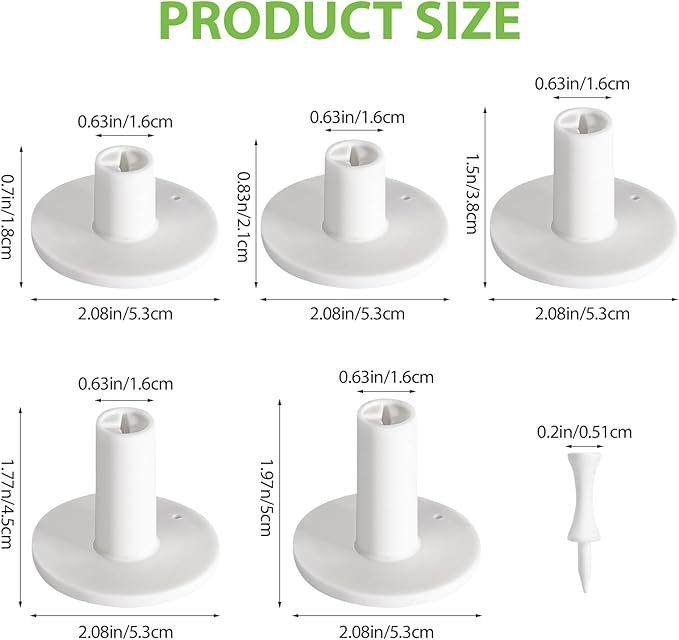 Rubber Golf Tees for Mats, Cross Shaped Golf Tee Holder Set for Driving Range & Simulator Practice, 5 Sizes 10p Unbreakable Tees & 20p Ball Stud for Indoor Outdoor Use (White)