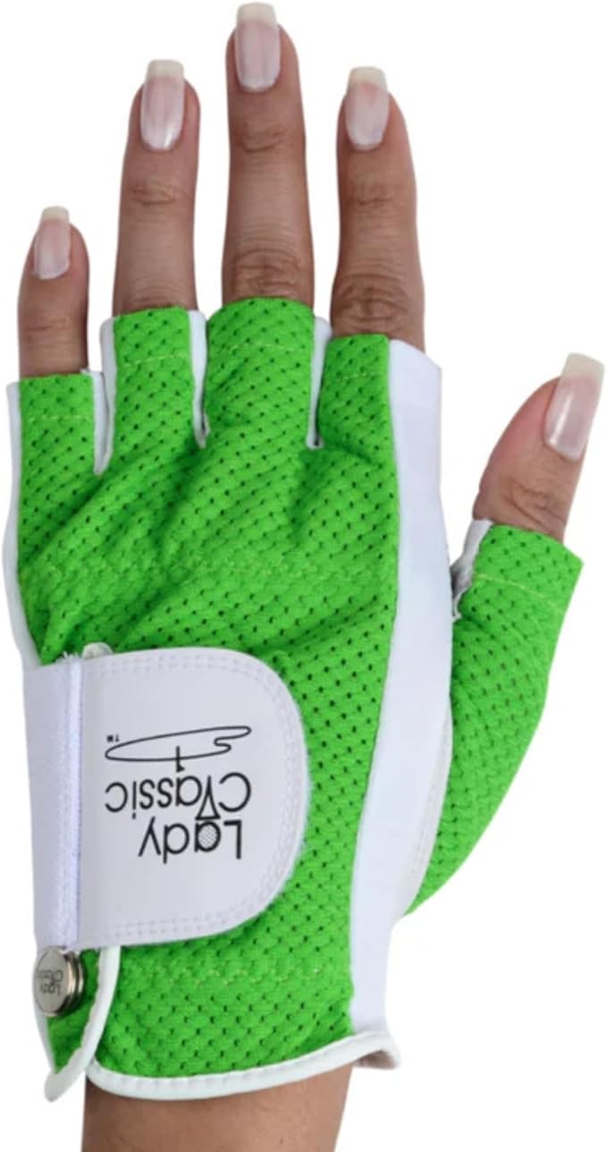 Mesh Half Golf Glove for Women – Premium Cabretta Leather Palm, Breathable Mesh Back, Half-Finger Design Ladies Golf Glove for Enhanced Grip & Comfort