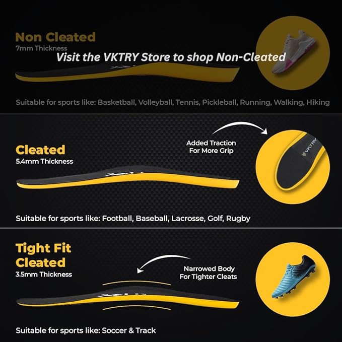 VKTRY Gold for Cleated Shoes - Carbon Fiber Performance Insoles Customized Athletic Inserts for Football, Baseball, Soccer, Golf, Lax & More | Run Fast, Jump High, US M10-10.5, W12-12.5, >220lb