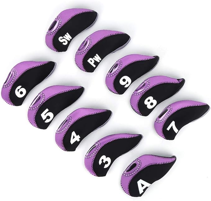 10Pcs Head Covers for Golf Clubs, Neoprene Golf Iron Covers Set with Number Convenient, Soft Universal Iron Club Head Cover for Outdoor, Sports Lovers, Black Purple