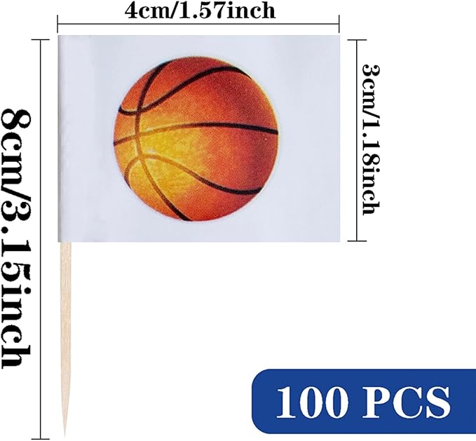 Basketball Cupcake Topper Flags Banner Mini Small Sports Balls Toothpick Stick Flags Sports Ball Game Cake Party Theme Decorations(100Pcs)