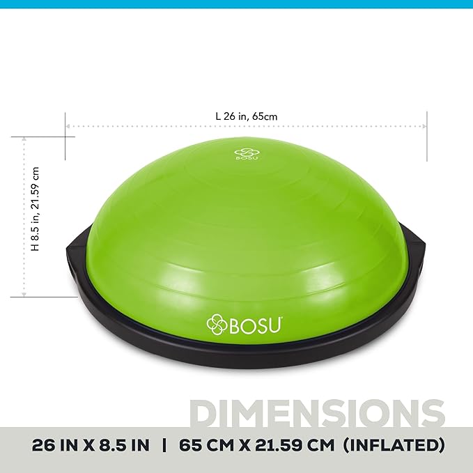 Bosu Balance Ball Exercise Trainer, Home Gym Equipment w/ Guided Workouts & Pump, 26", Blue - Inflatable Fitness Platform for Strength Training, Standing, Balancing, and Core Workout