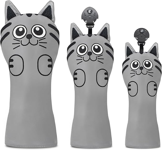 Golf Kitty Head Cover Golf Club White Leather Headcovers 1pc/4pcs Set Fits Driver Fairway Wood Hybrid Utility Putter Iron Wedge Headcover.
