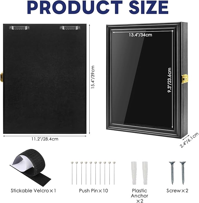 PiaoHao 15.4"X 11.2" Pin Display Case Medal Shadow Box with 98% UV Protection for Military Medals, Beach Tags, Jewelry Pins, Pin Gift, Insignia Ribbons, Pin Enthusiast Collectibles Black Finish