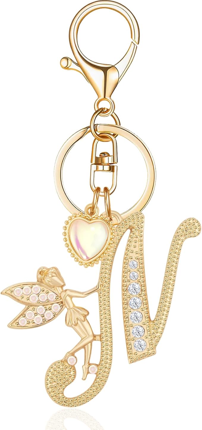 Gold Plated Alphabet Initial Letter Keyring Keychain for Women Girls Crystal Key Chains for Wallet Backpack Bag Charm
