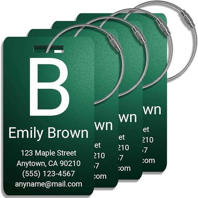 Personalized Luggage Tags for Suitcases 4 Pack – Custom Metal Name Tag for Travel, Golf Bag, and Baggage – Durable Aluminum Luggage Name Tags (Emerald Shadow, Vertical)