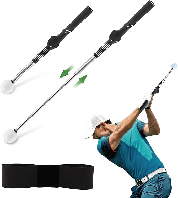 Retractable Golf Swing Training Aid, Strength & Tempo Training for Chipping Hitting, Portable Rhythm Click Sound Warm Up Golf Swing Trainer with Arm Band for Indoor Outdoor Use