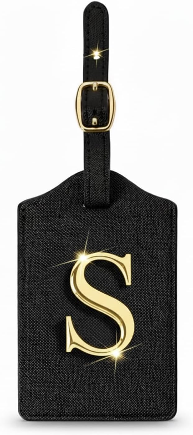 Personalized Initial Letter Luggage Tag for Suitcases PU Leather Baggage ID Tag with Metal Alphabet,Travel Accessory for Backpacks, Bags and Gift for Travelers (Black/Gold-Letter, S)