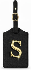 Personalized Initial Letter Luggage Tag for Suitcases PU Leather Baggage ID Tag with Metal Alphabet,Travel Accessory for Backpacks, Bags and Gift for Travelers (Black/Gold-Letter, S)