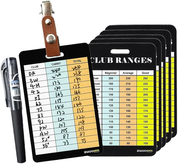 Golf Club Distance Range Cards with Holder, Back Writable Yardage Matrix Chart for Beginner to Advanced Players