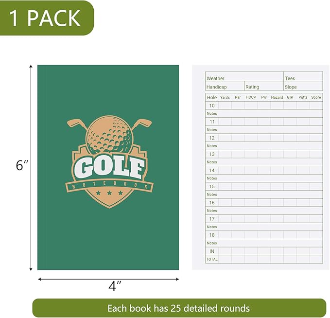 1 Pack 4X6 Inch Golf Scorecard Book, Waterproof Golf Club Yardage Book, Golf Log Notebook, Tracks 25 Rounds, Perfect for Men Golfers and Golf Club