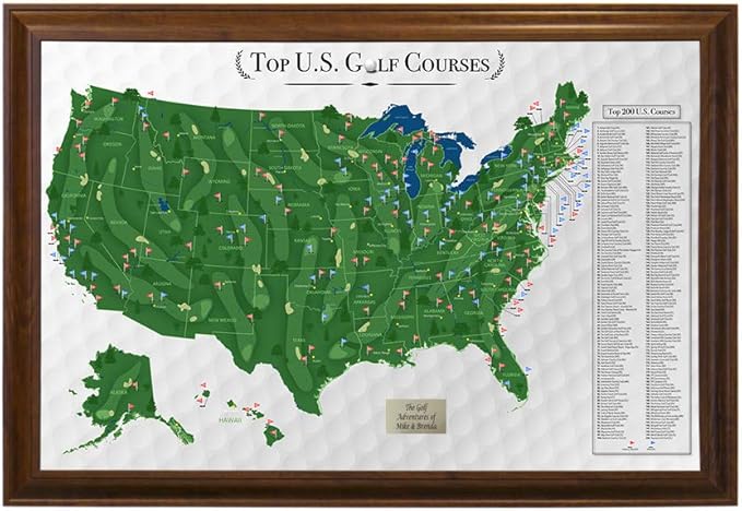 Push Pin Travel Maps Customizable Wall Art - Top Golf Courses USA Map - Brown Frame - Personalized Framed Pin Map, Includes 150 Pins - Handcrafted in USA - 27.5" x 39.5"