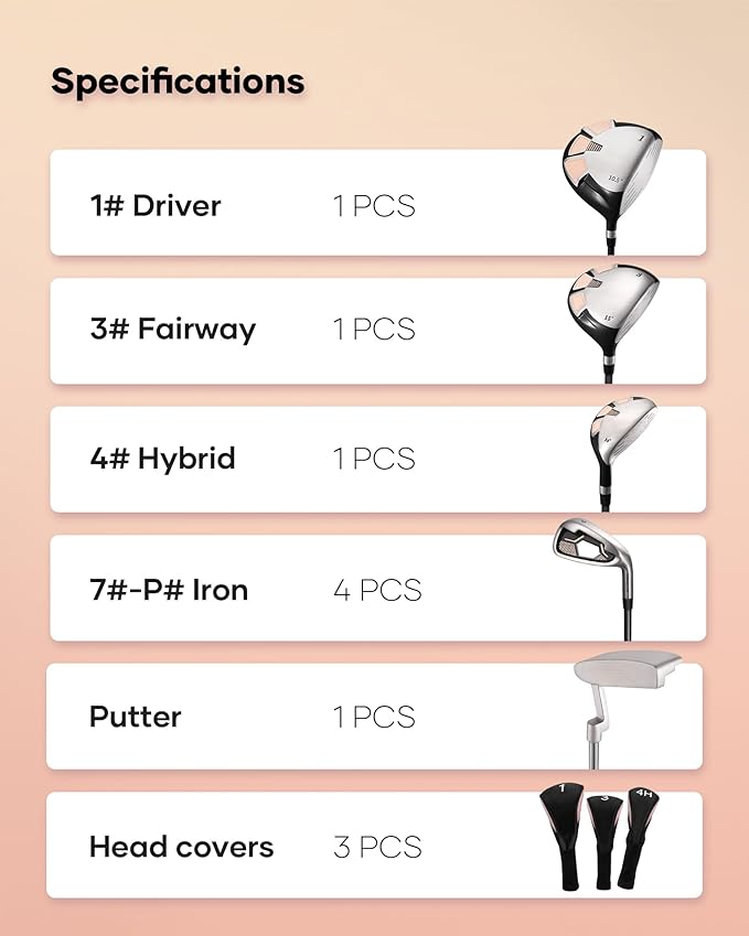 BODIOO Golf Clubs Set for Women 8 pcs, Ladies Complete Golf Club Set with Steel Shafts, Driver Fairway Wood Hybrid Irons Putter, Lightweight Deluxe Stand Bag & 3 Bonus Headcovers, Pink