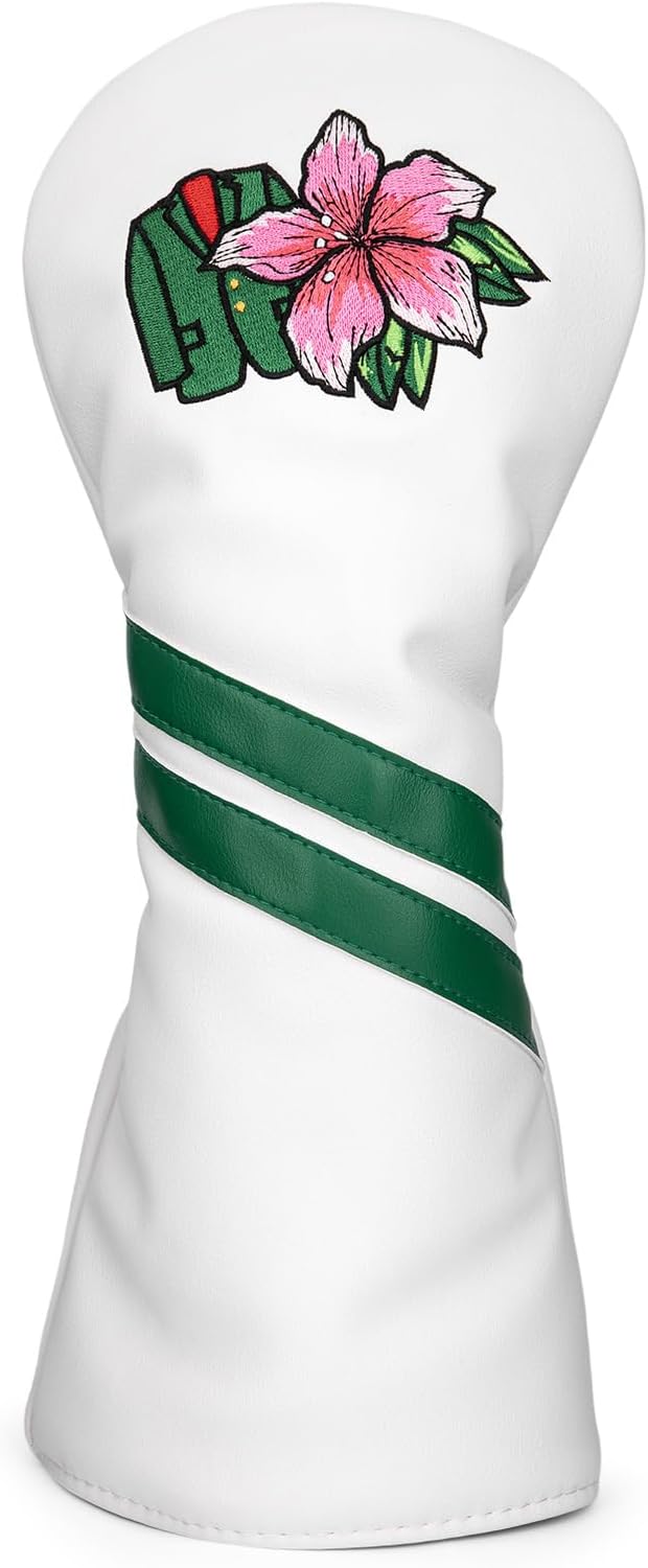 Premium PU Leather Driver Cover, Fairway Wood & Hybrid Covers for Men - Hibiscus Flower Embroidered Golf Head Covers for Woods and Driver -1pc or Set White Golf Club Covers