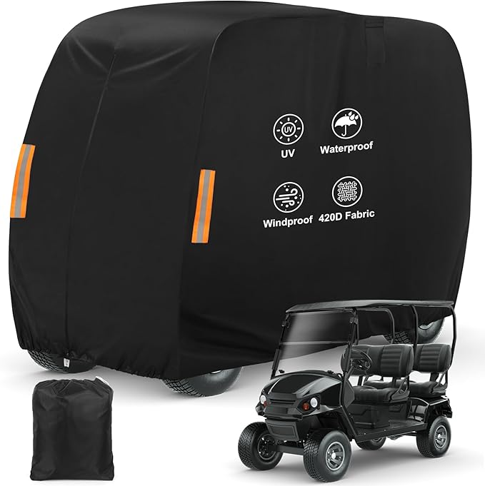 Golf Cart Cover 2 Passenger, 420D Heavy Duty Golf Cart Rain Cover with Waterproof Zipper and Reflective Strips, Universal Fits for 2 Seat Yamaha EZGO Honda Club Car