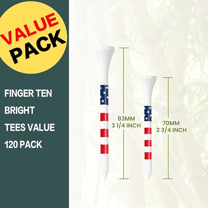FINGER TEN Golf Tees Wood 3 1/4 2 3/4 Inch Value 50/120 Count, Durable Tees with Bright Colored Stripes for Consistent Height, 70mm 83mm Long Tees Ideal for Golfers
