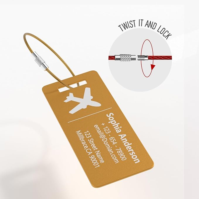 10 Personalized Metal Luggage Tags, Custom Suitcase Aluminum Name Tags with Steel Ring, Laser Engraved Name and Logo, for Travel, Backpack, Baggage, Golf Bag (Golden)
