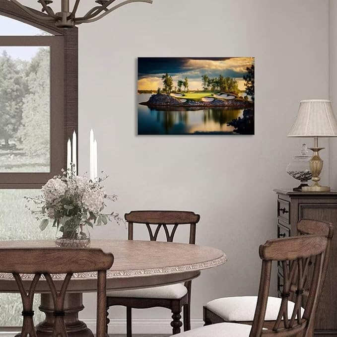 chenchenArt Sunset Landscape Golf Course Wall Art Picture Golf Course Wall Decor for Living Room Bedroom Bathroom Home Decorations Canvas Prints Framed Ready to Hang(24''H x 36''W)