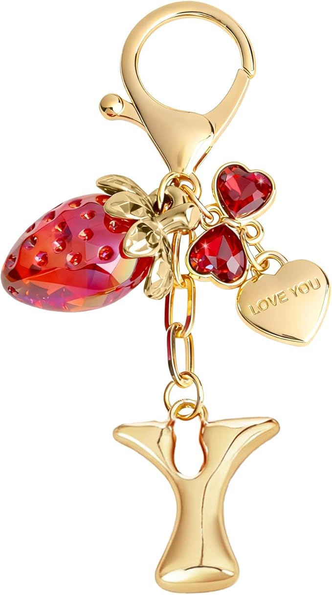 Snycler Bubble Initial Keychain with Strawberry & Bow- Gold Letter Bag Charms for Women, Cute Purse Handbag Accessories