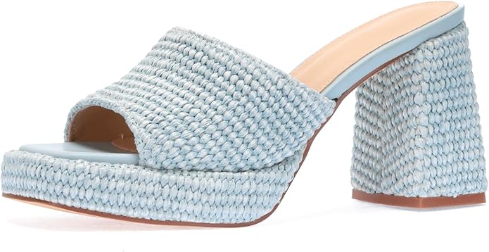 Monrovia Womens Sandals Heels for Women Slide On Block Chunky Platform High Heels Open Toe Raffia Wedge Sandals