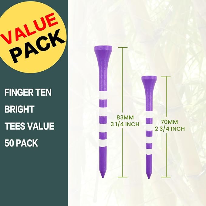 FINGER TEN Golf Tees Wood 3 1/4 2 3/4 Inch Value 50/120 Count, Durable Tees with Bright Colored Stripes for Consistent Height, 70mm 83mm Long Tees Ideal for Golfers