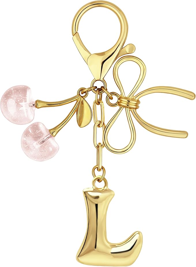 Gold Bubble Heart, Cherry, Bow & More Designs Letter Initial Keychain Bag Charms – Cute Purse Charms for Handbags
