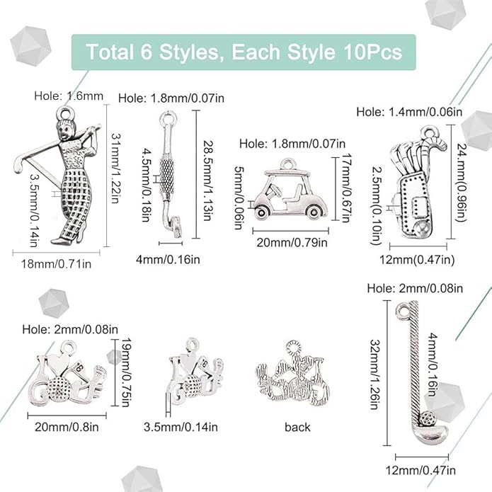 SUNNYCLUE 1 Box 60Pcs Golf Charms Golf Charm Bulk Sport Club Cart Sports Pendants for Jewelry Making I Love Golfer Earrings Necklace Bracelet Keychain DIY Supplies Adult