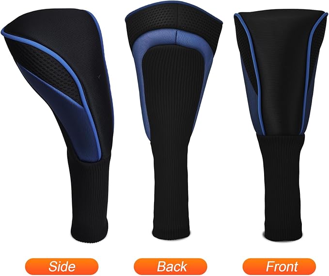Golf Club Head Covers Set (3 Pieces) for Fairway Woods, Driver, and Hybrids - Long Neck Mesh Design with Interchangeable 3/4/5/6/7/X Number Tags - Golf Accessories for Men and Women (Black and Blue)
