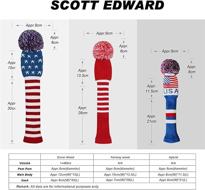 Scott Edward Knit Golf Head Covers for Woods Set of 3 Fits Well Driver(460cc) Fairway Wood and Hybrid(UT) The Perfect Change for Golf Bag