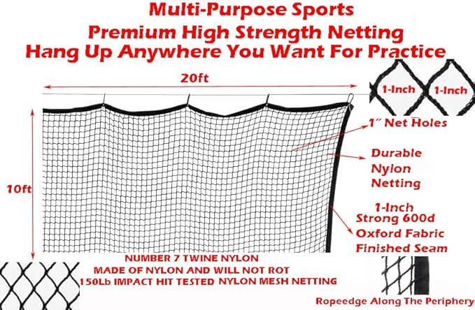 10ft, 15ft, 20ft Strong Durable Frequent Use Multi-Sports Barrier Net with Around Finished Seam Hitting Practice Nylon Netting High Impact in/Outdoor for Golf Baseball Hockey Soccer