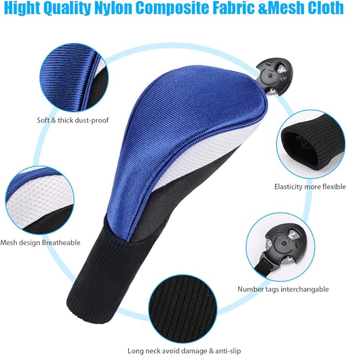 Lybile Golf Club Head Covers for Fairway Woods Driver Hybrids, 4Pcs Long Neck Mesh Golf Club Headcovers Set with Interchangeable No. Tags 3 4 5 6 7 X (Blue)