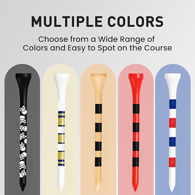 FINGER TEN Golf Tees Wood 3 1/4 2 3/4 Inch Value 50/120 Count, Durable Tees with Bright Colored Stripes for Consistent Height, 70mm 83mm Long Tees Ideal for Golfers