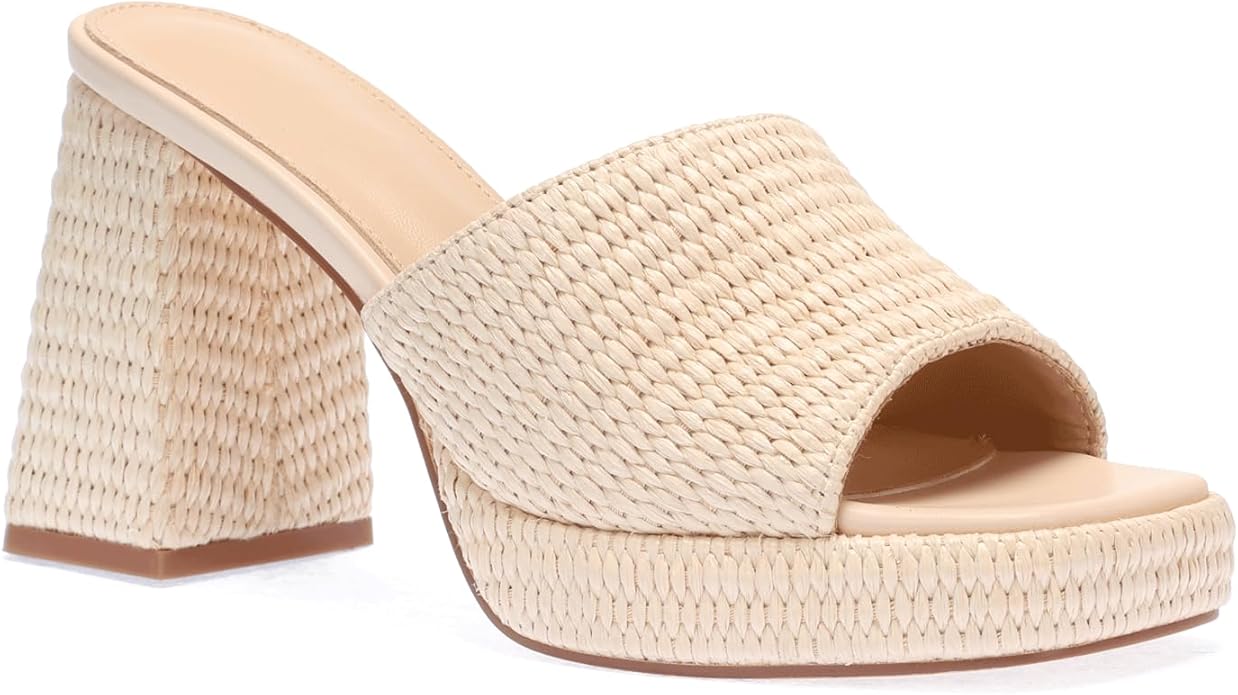 Monrovia Womens Sandals Heels for Women Slide On Block Chunky Platform High Heels Open Toe Raffia Wedge Sandals