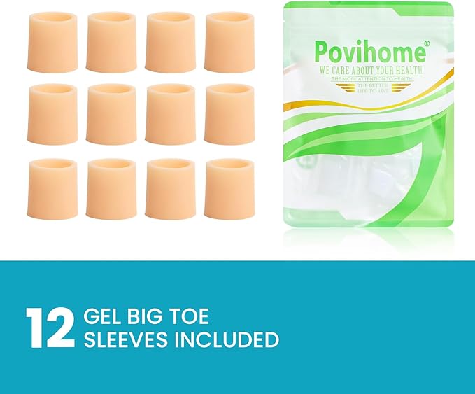 Povihome Toe Sleeves, Toe Protectors, 12 Pack Toe Tube Pads for Hammer Toe,Stubbed Toe,Corns, Calluses Protect (Large Size, Beige)