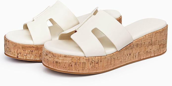 Coutgo Women's Platform Wedge Sandals Open Toe Slip On Slides Cork Heeled Cutout Comfortable Summer Shoes