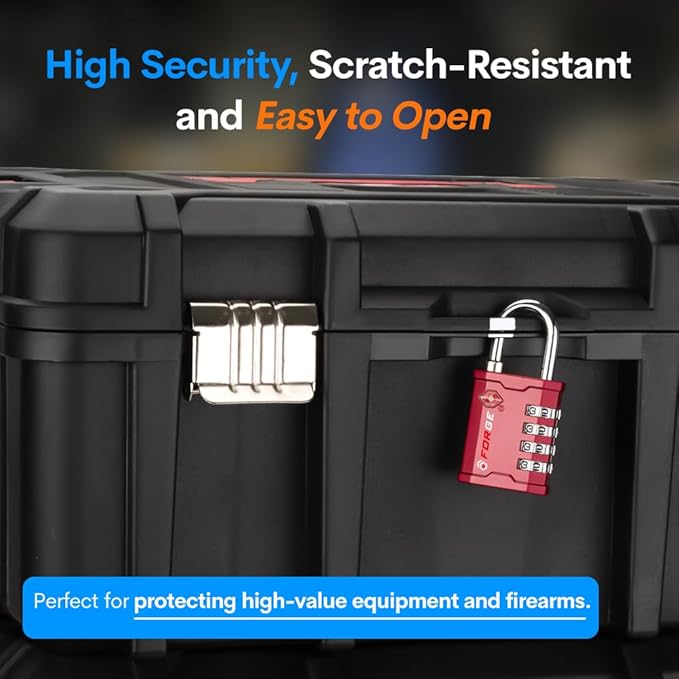 FORGE 4 Digit TSA Approved Combination Lock, Tool Box and Case Lock, Combination Padlock for Travel, Gym, Home. Red 2 Locks.