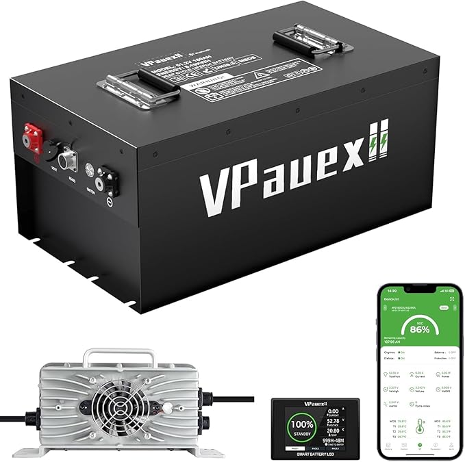 48V 160Ah Lithium Golf Cart Battery,48V Golf Cart Batteries with 22A Charger,Built-in 200A BMS,Metal Casing,Supports Mobile APP,Touch Monitor,6000+ Cycles,Peak Current 600A,Max 10.24kW Output Power